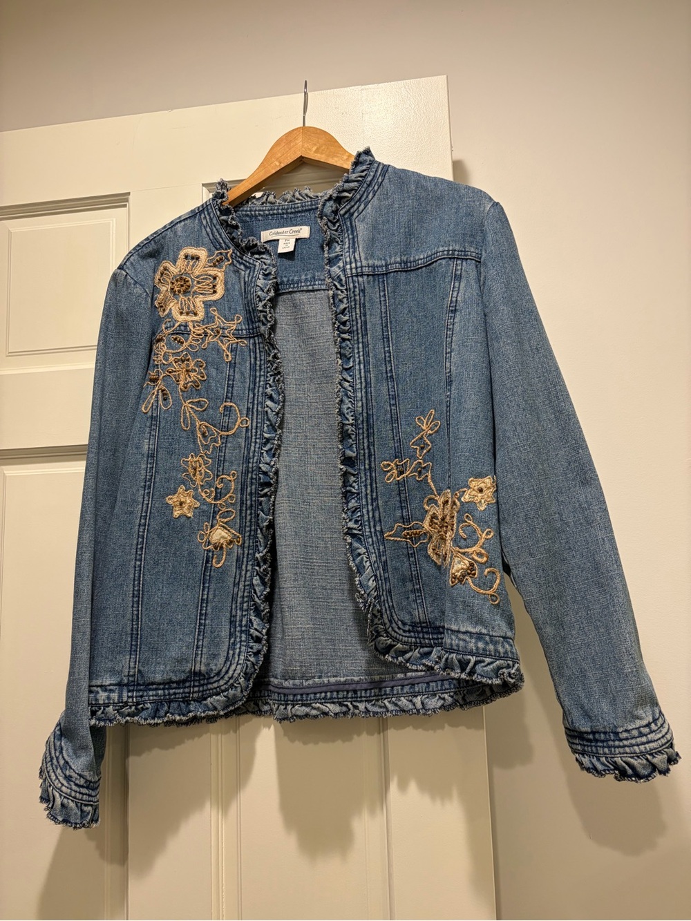 Coldwater Creek Blue Denim Jacket with Gold Floral Embroidery